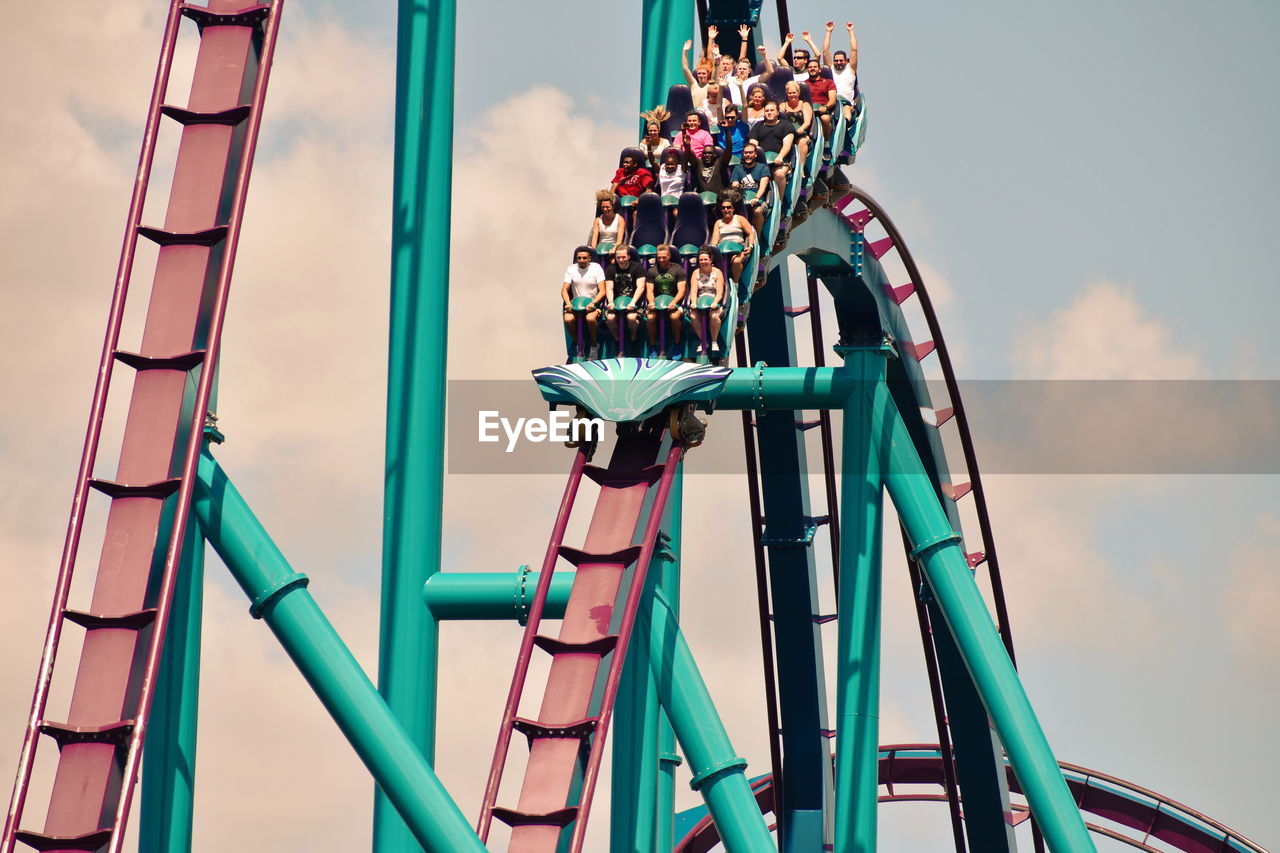 LOW ANGLE VIEW OF ROLLERCOASTER AGAINST SKY