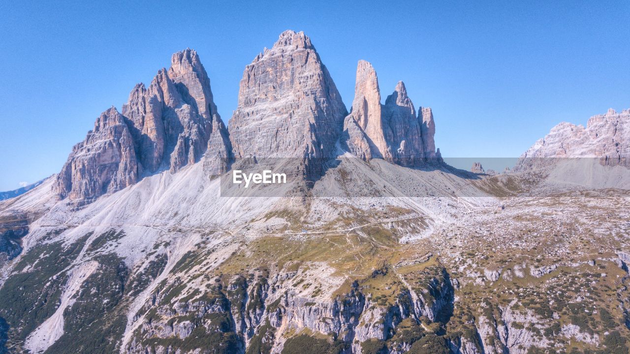 Panoramic view of snowcapped mountains against clear sky