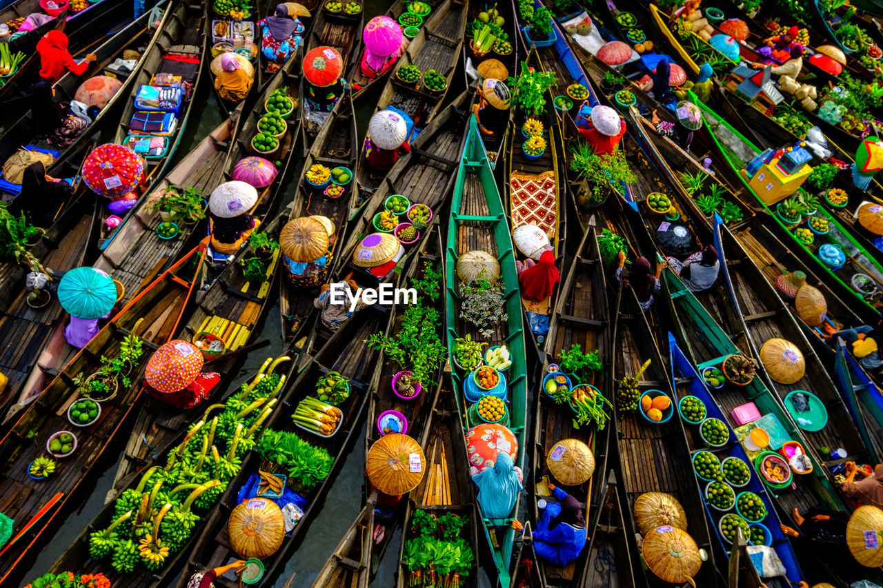 High angle view of multi colored boats in market