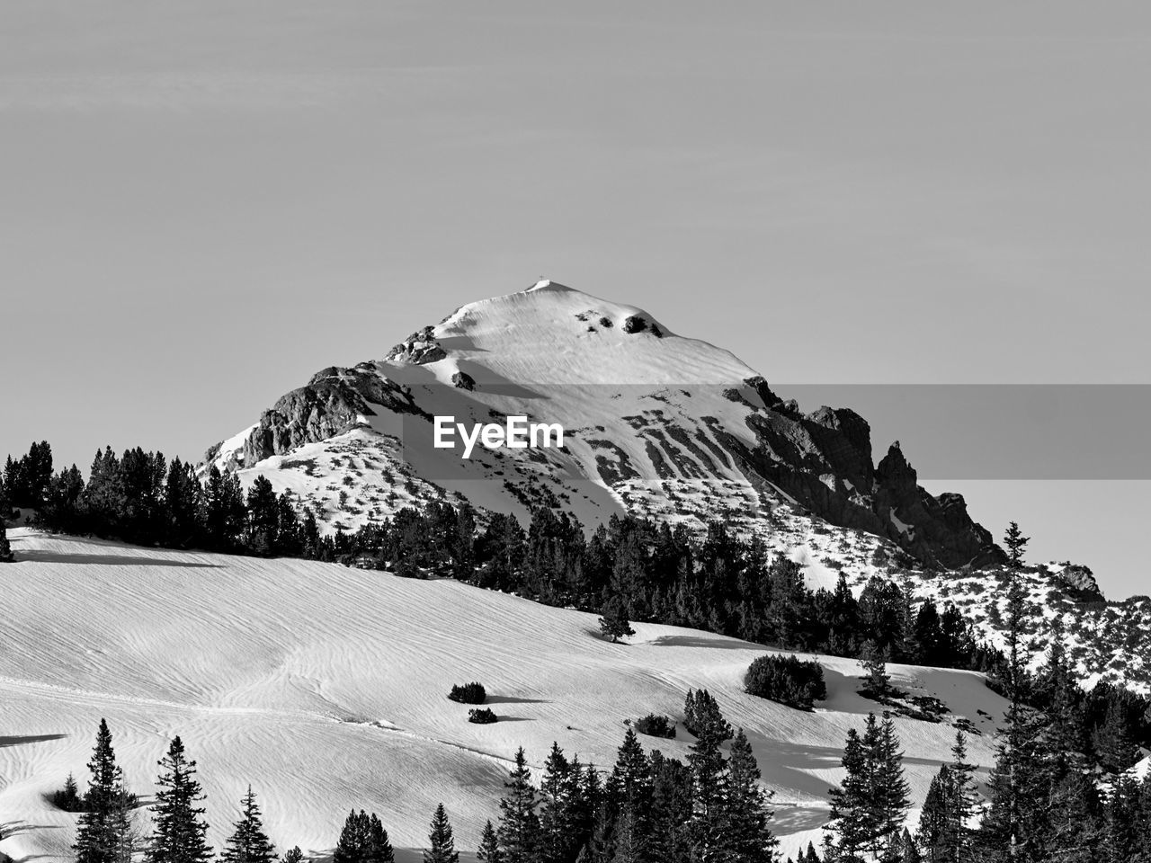 Scenic view of snowcapped mountains against clear sky