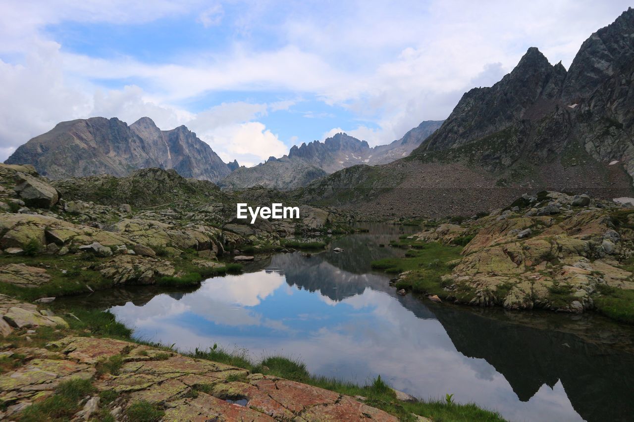 Scenic view of lake and mountains against sky