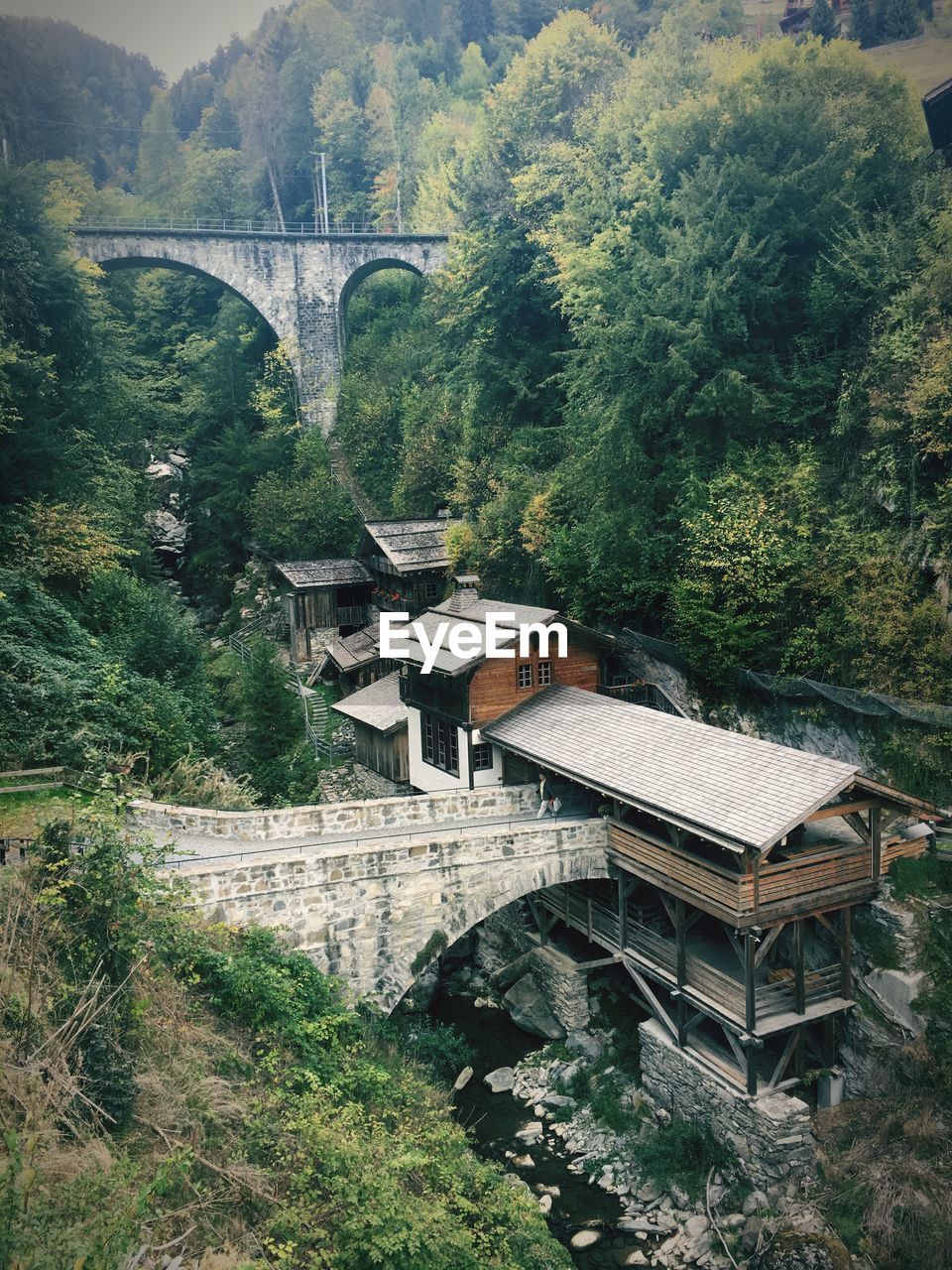 High angle view of bridge over river in forest