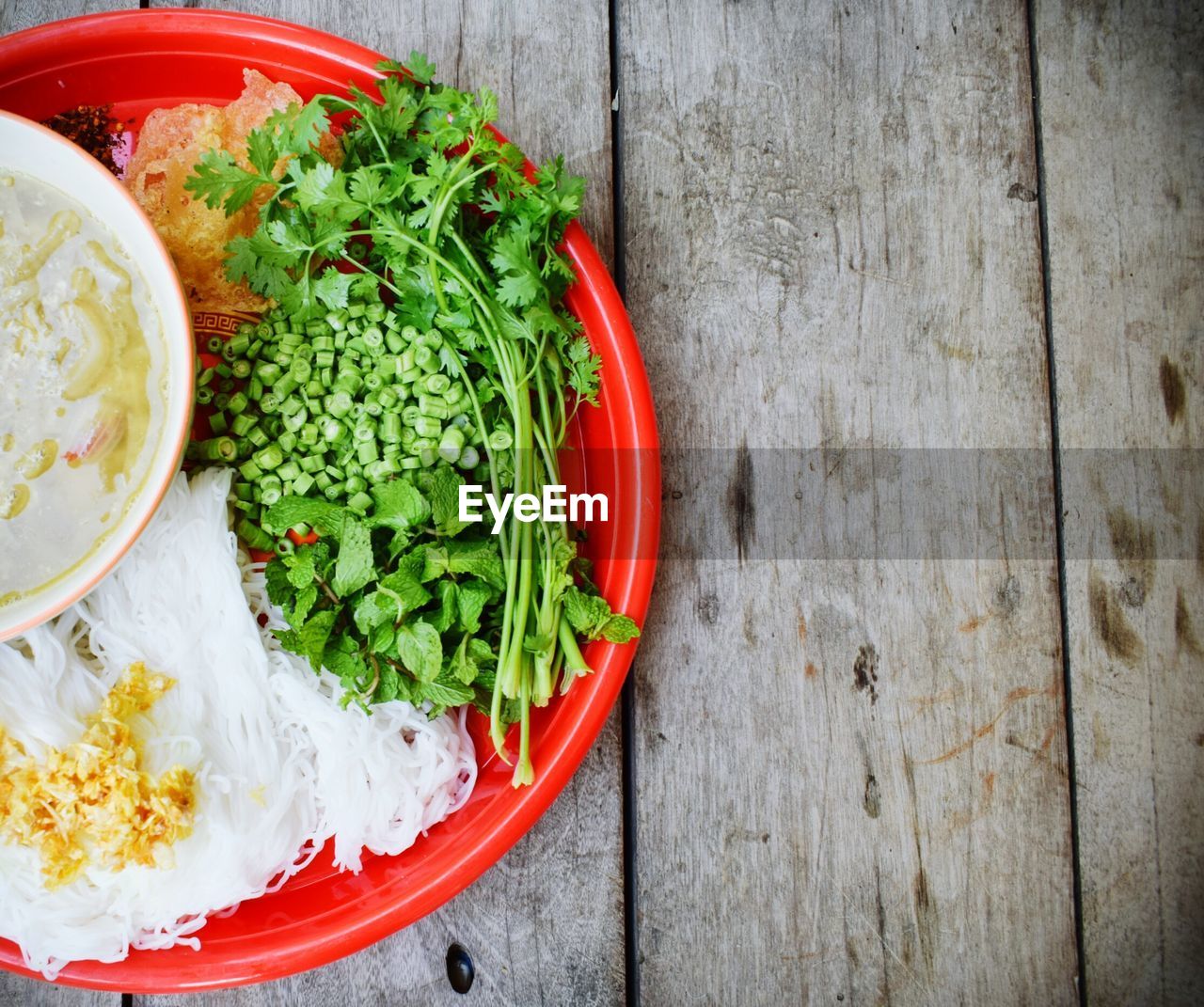 High angle view of vegetables in plate on table