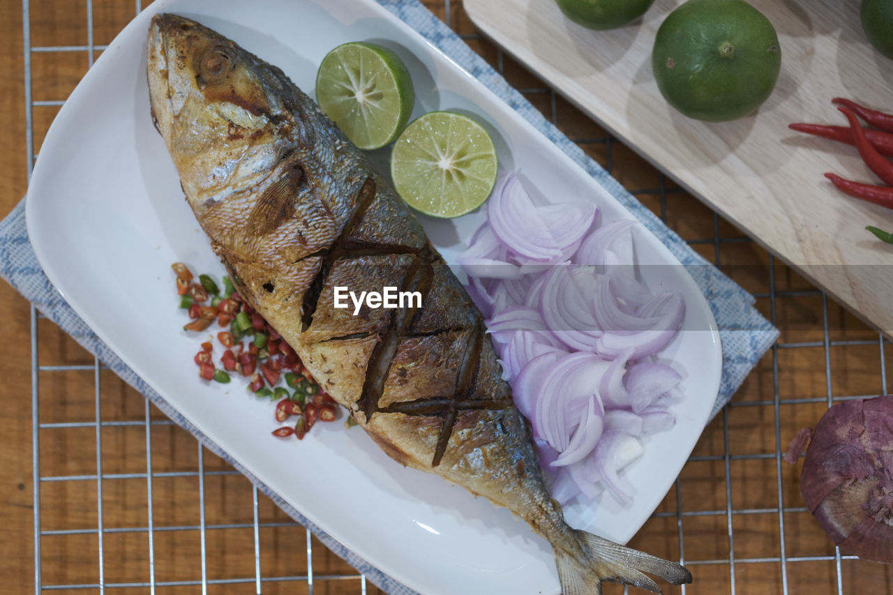 HIGH ANGLE VIEW OF FISH SERVED ON PLATE