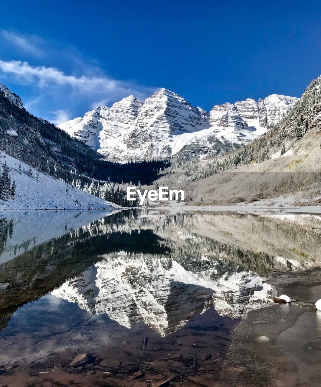 Scenic view of lake by snowcapped mountains against sky