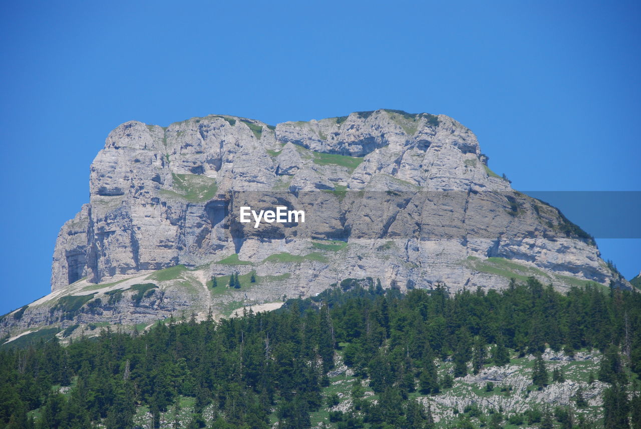 Scenic view of mountains against clear blue sky