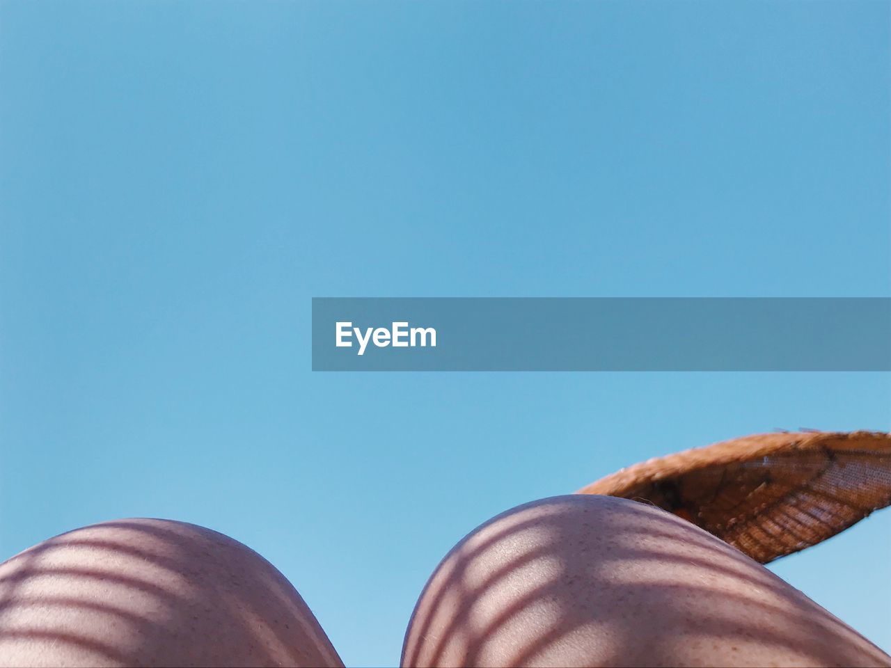 Cropped image of person knees against clear blue sky