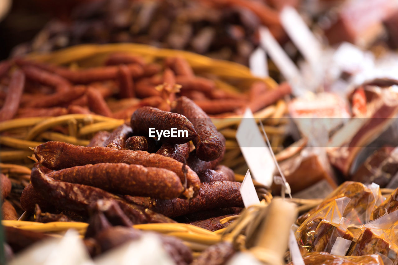 CLOSE-UP OF MEAT FOR SALE AT MARKET