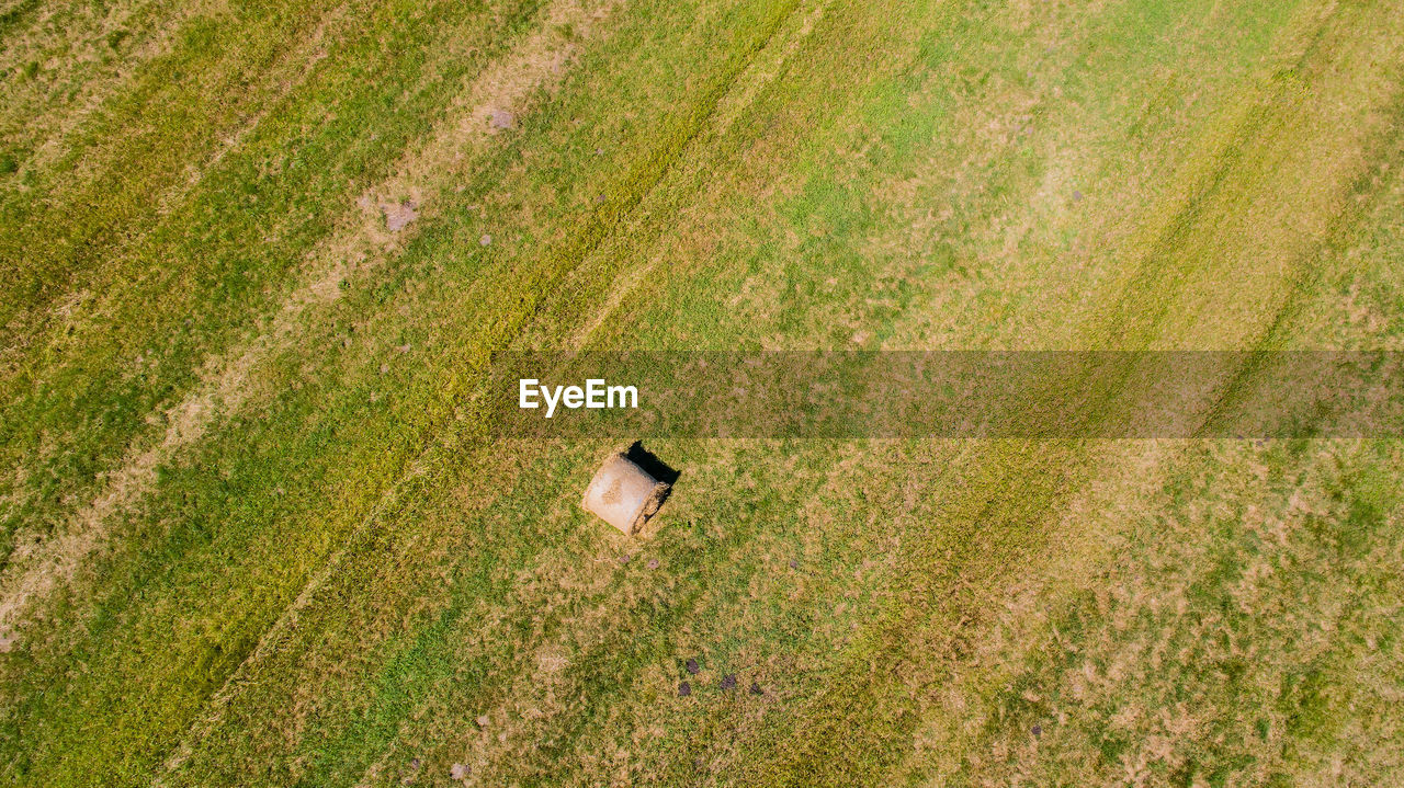 High angle view of hay bale on green landscape