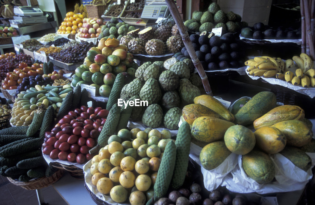 High angle view of various fruits for sale