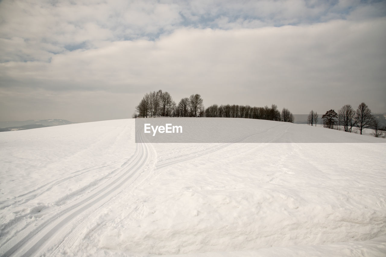 SNOW COVERED FIELD AND TREES AGAINST SKY