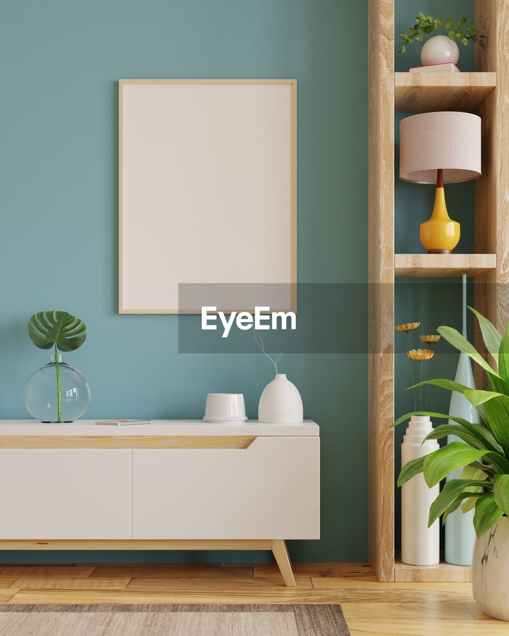 Mockup poster frame in minimalist interior background with blue wall.3d rendering