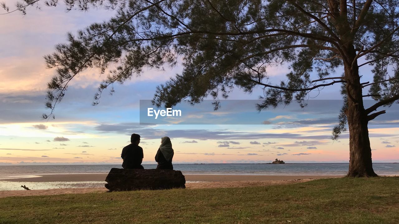 Rear view of couple sitting on driftwood at beach during sunset