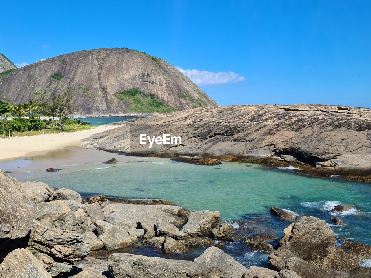 Scenic view of sea against clear blue sky