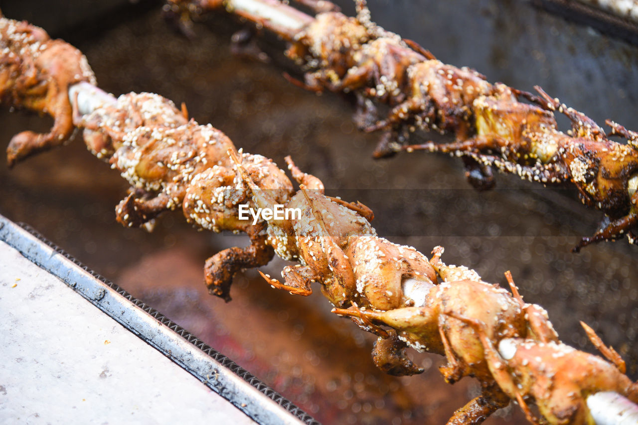 HIGH ANGLE VIEW OF MEAT ON BARBECUE