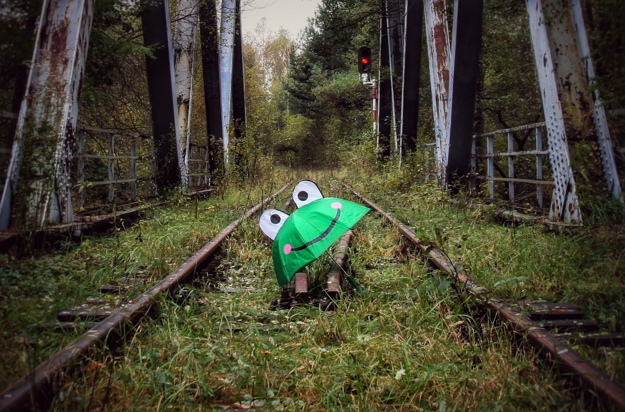 Green umbrella on abandoned railway bridge
