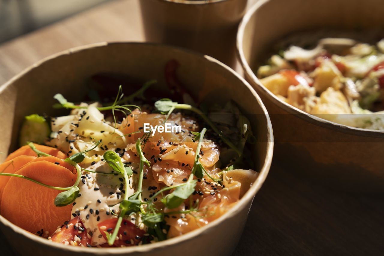 high angle view of food in bowl on table