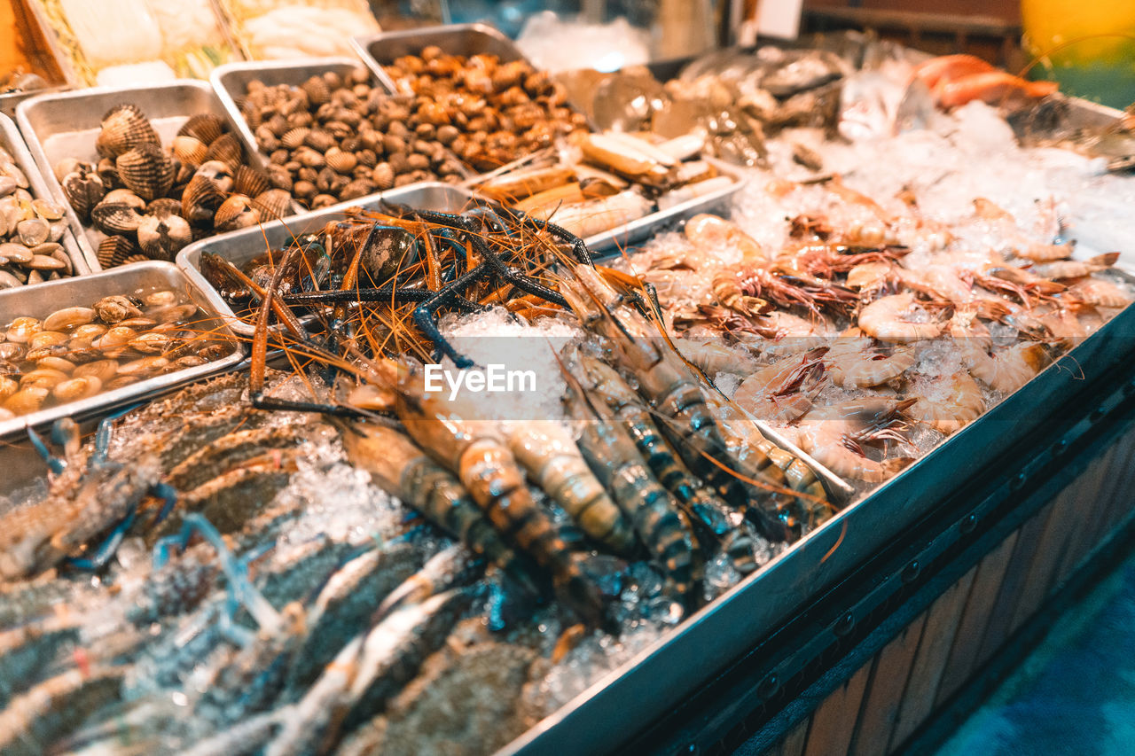 High angle view of meat for sale at market