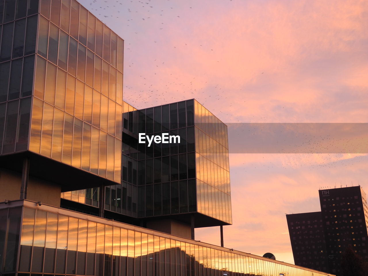 LOW ANGLE VIEW OF MODERN BUILDINGS AGAINST SKY DURING SUNSET IN CITY