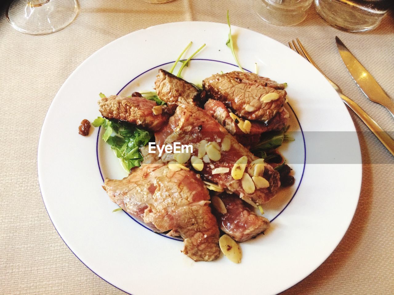 High angle view of food in plate on table