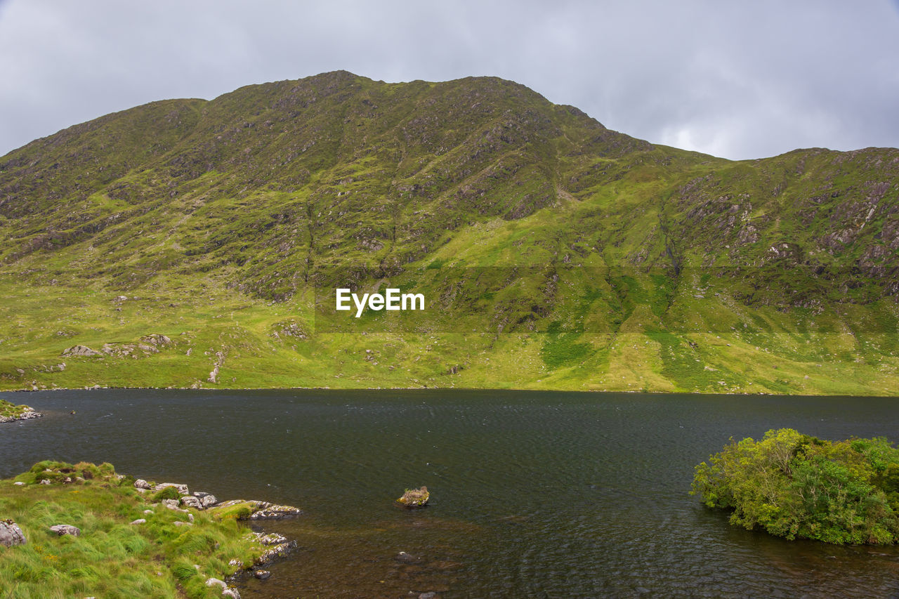 Scenic view of lake and mountains against sky