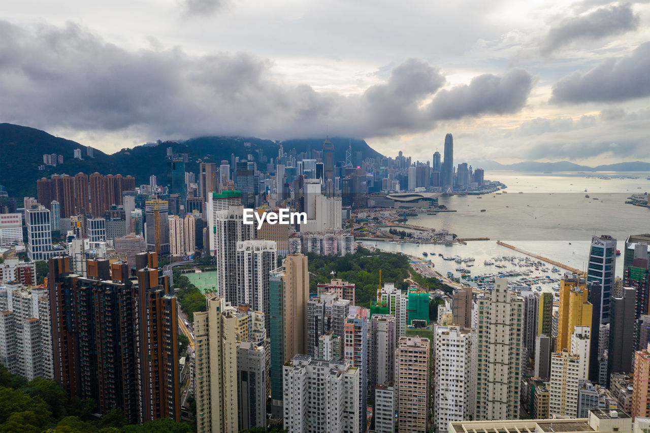 High angle view of buildings against sky in city