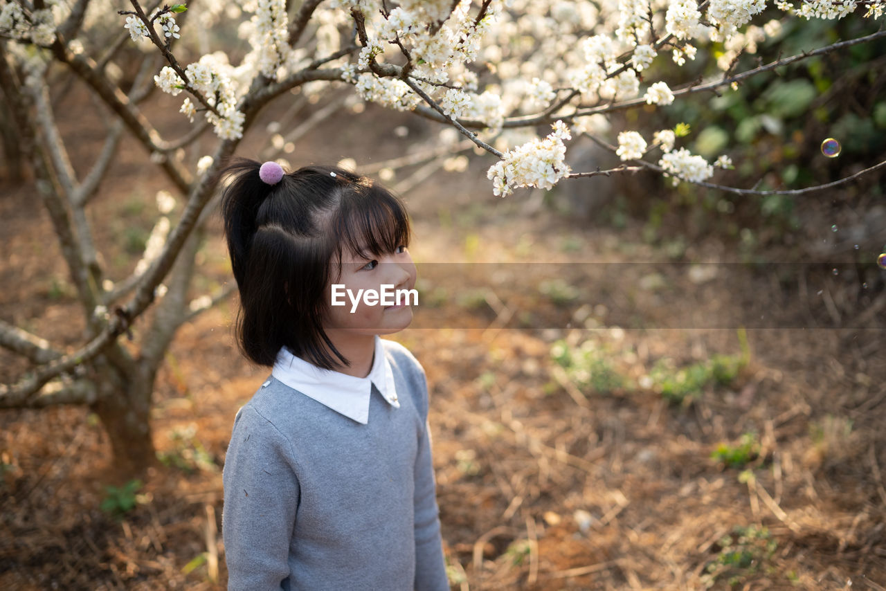 PORTRAIT OF YOUNG WOMAN STANDING BY CHERRY BLOSSOM
