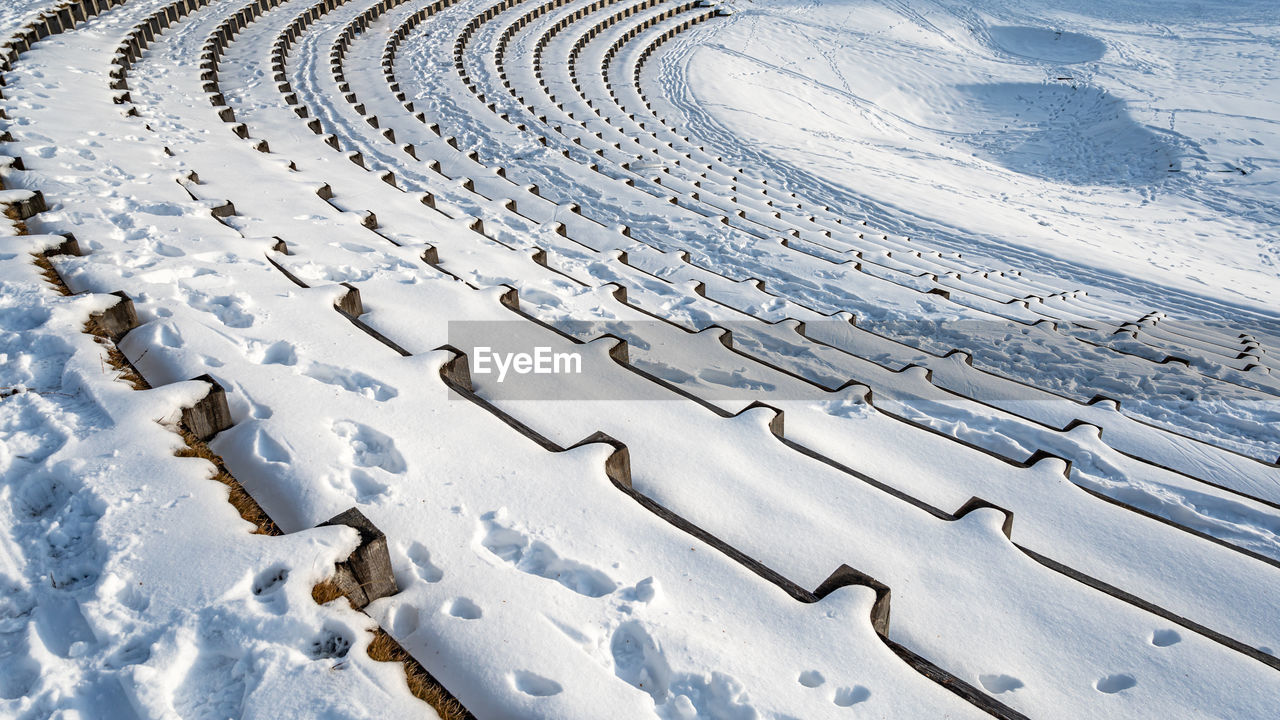 HIGH ANGLE VIEW OF TIRE TRACKS ON SNOW