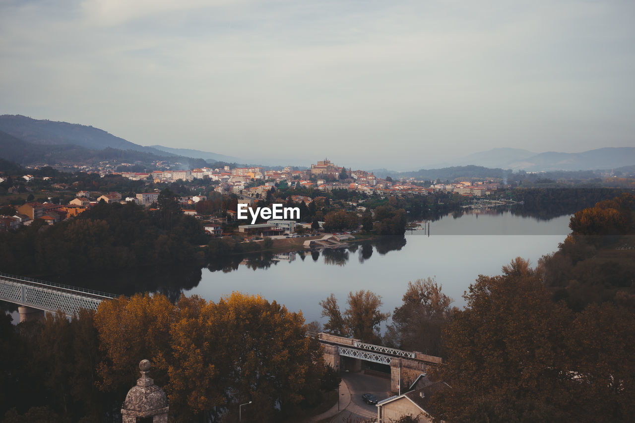 High angle view of cityscape against sky during autumn