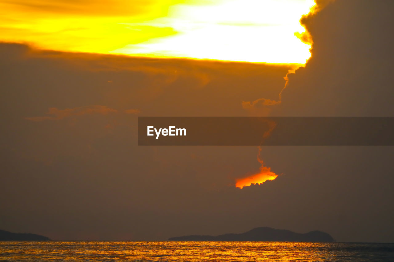 SCENIC VIEW OF SEA AND MOUNTAINS AGAINST SKY DURING SUNSET