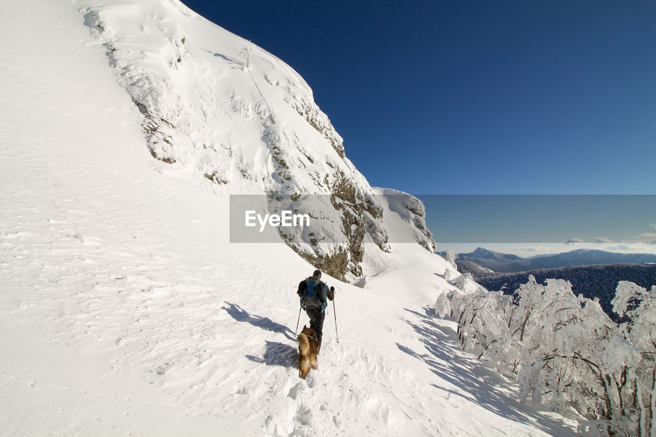 Full length of man with dog climbing on snowcapped mountain against sky
