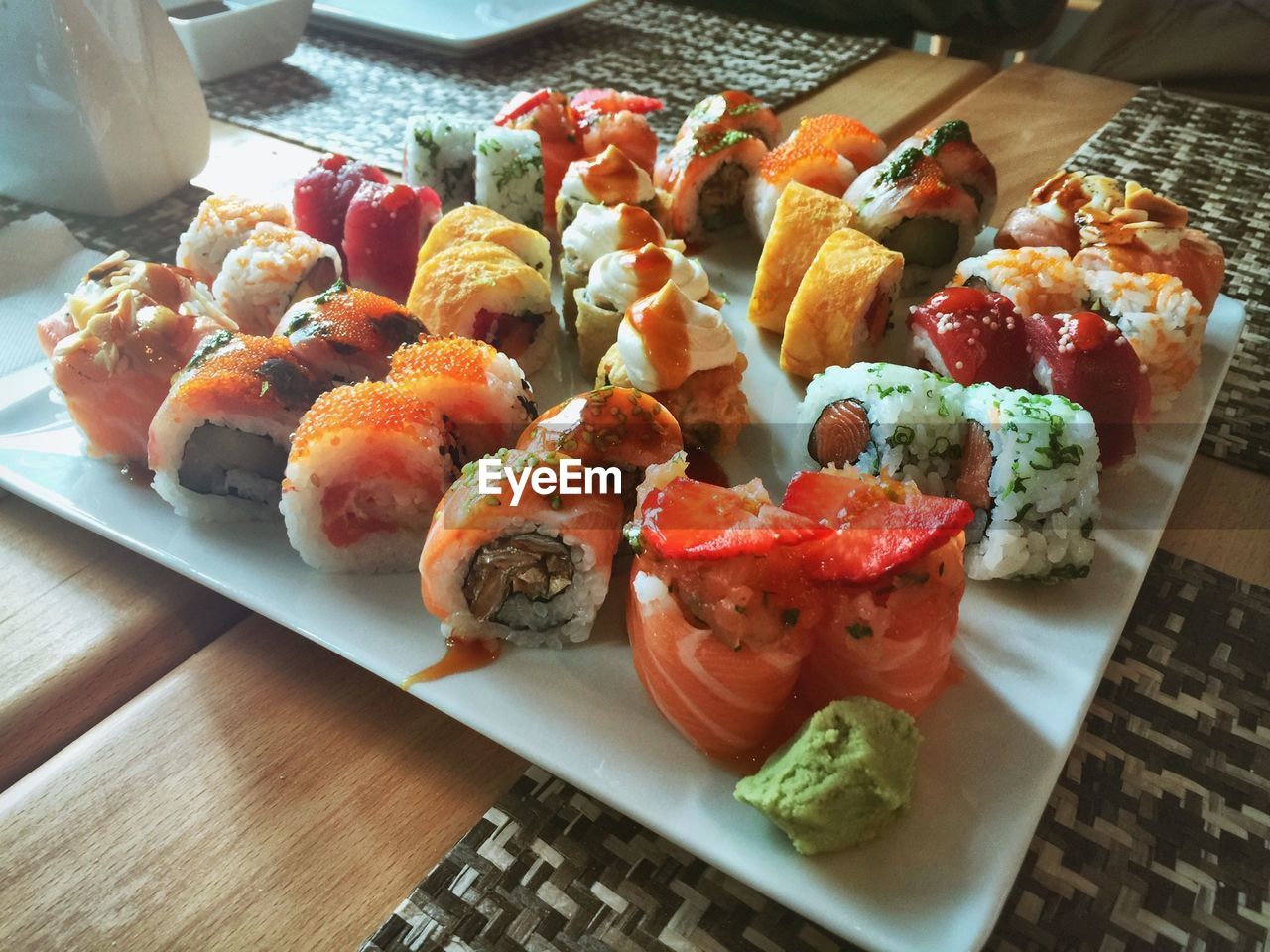 High angle view of sushi served in plate