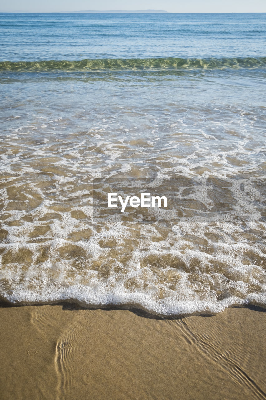 HIGH ANGLE VIEW OF WAVES ON BEACH