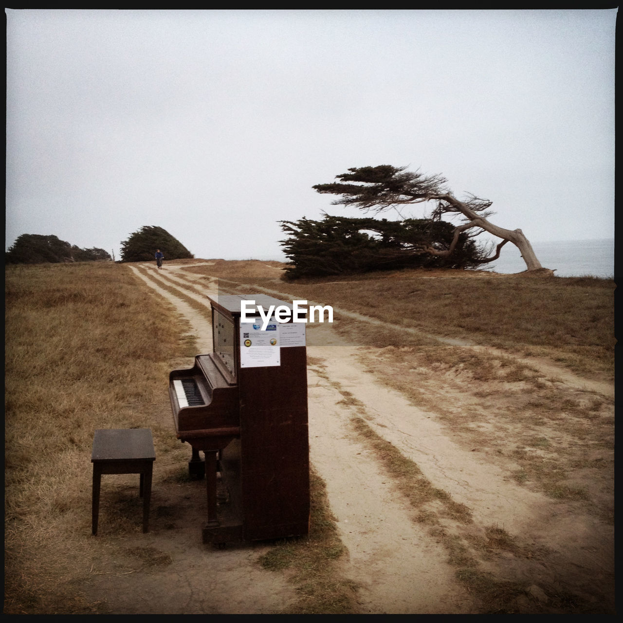 Piano on field against sky