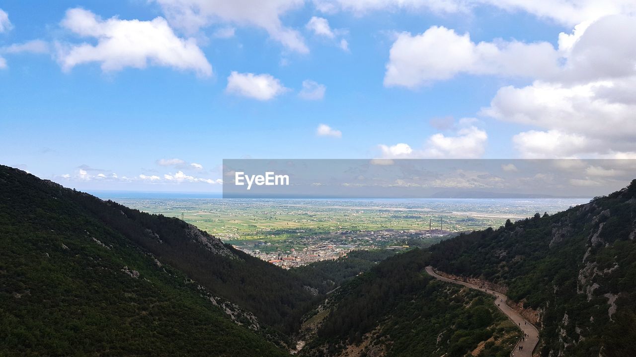 High angle view of landscape against cloudy sky