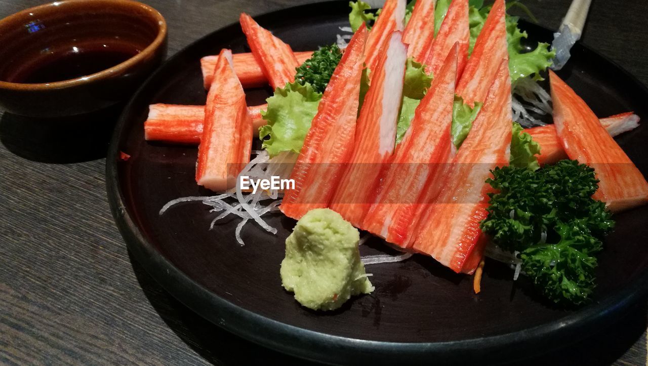 High angle view of vegetables in plate