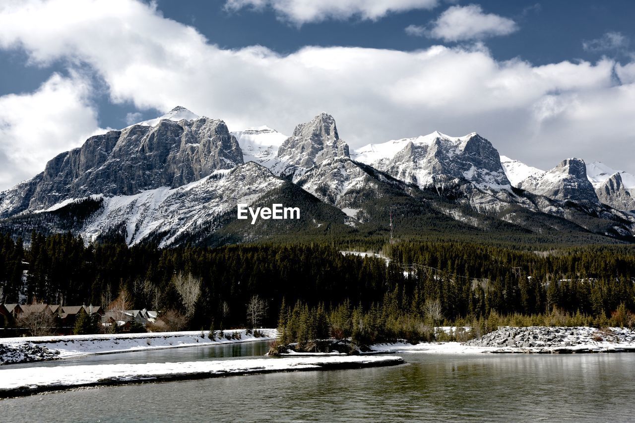 Scenic view of snowcapped mountain against cloudy sky