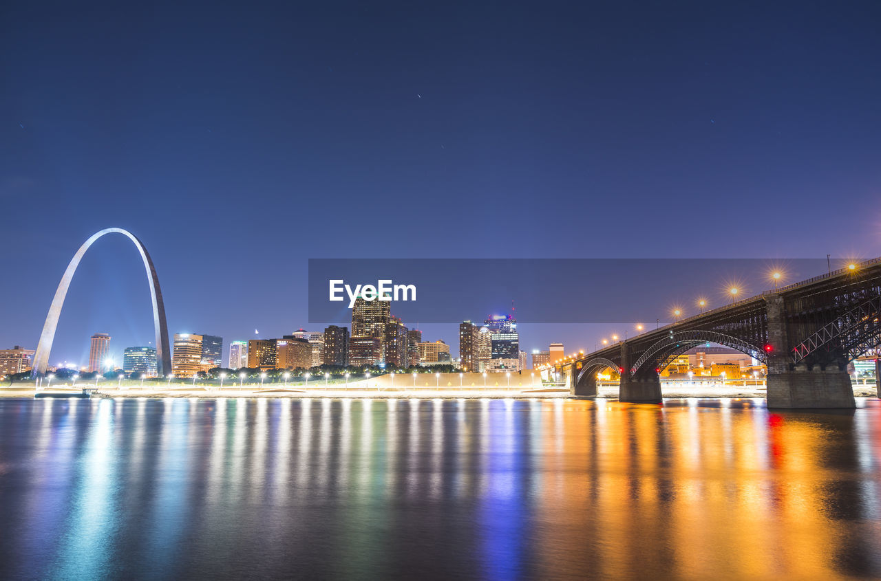 ILLUMINATED BRIDGE OVER RIVER BY CITY AGAINST SKY