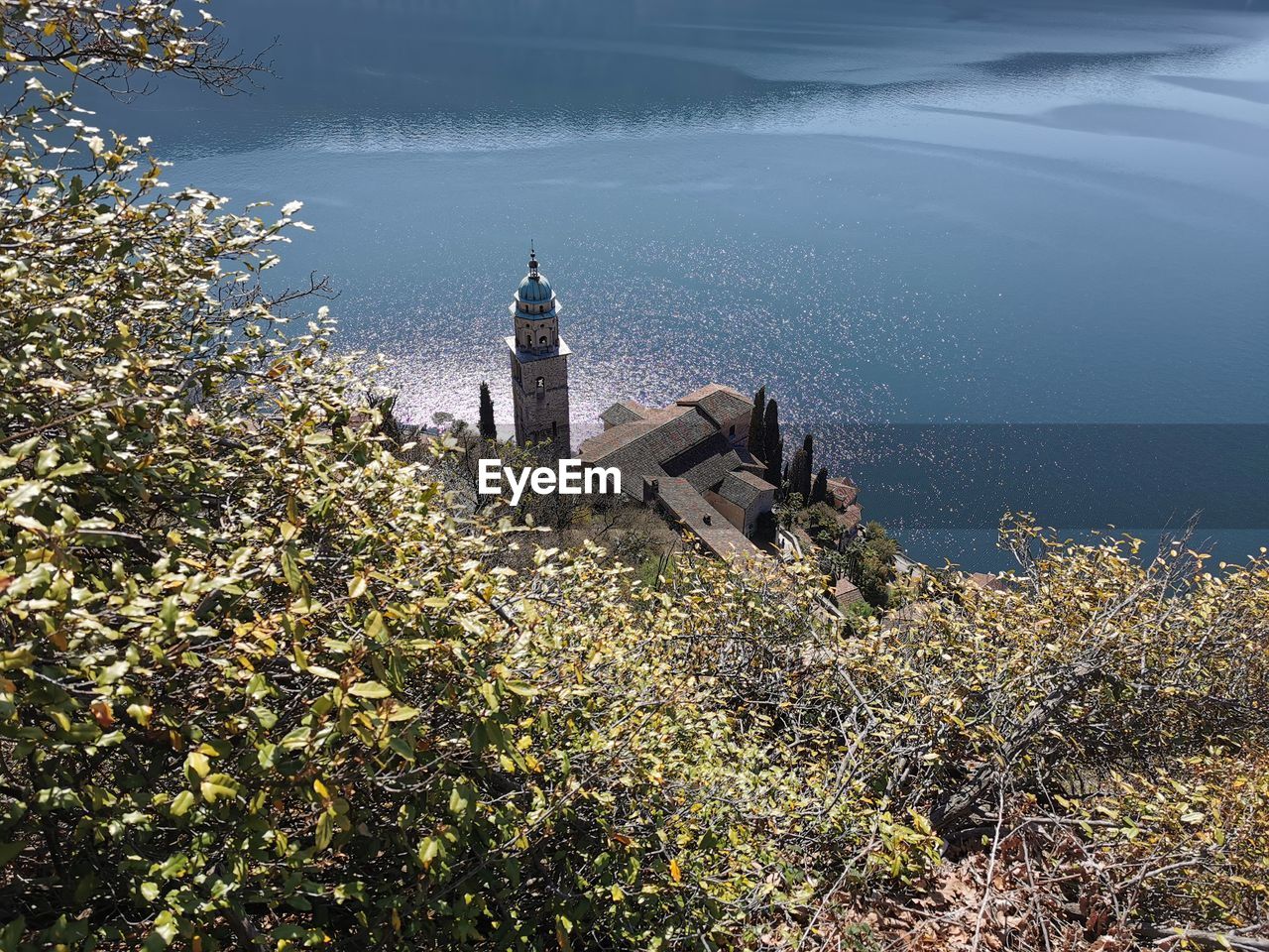 High angle view of buildings and sea