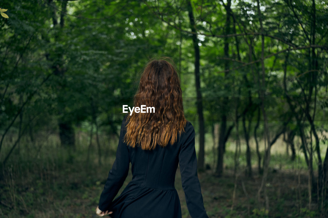 Rear view of woman standing in forest