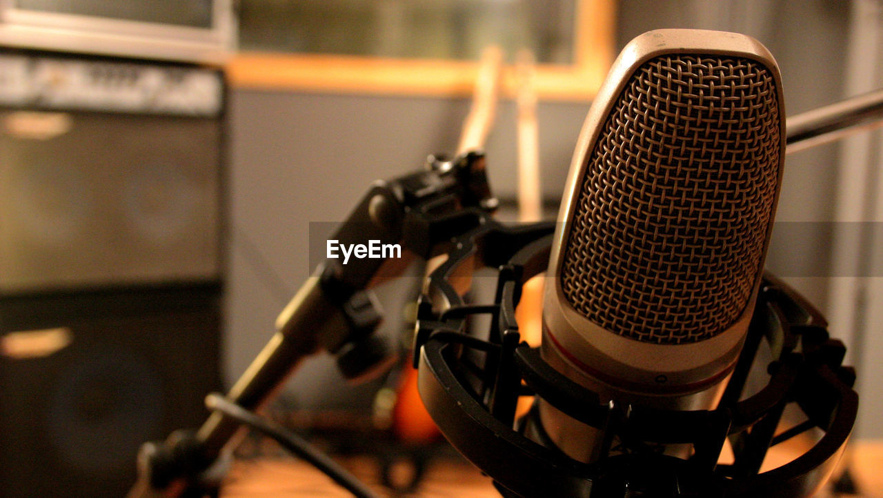 Close-up of microphone in recording studio