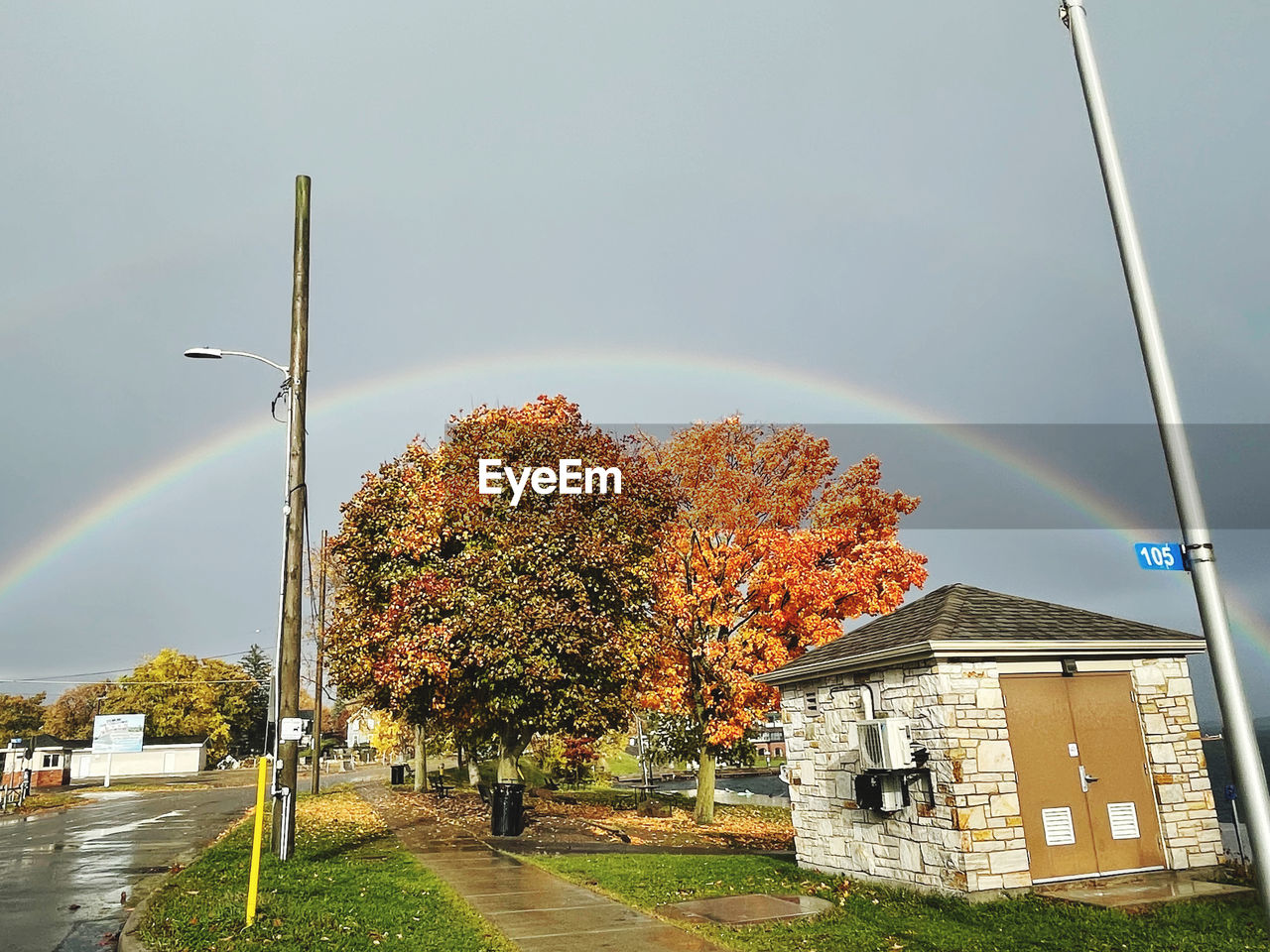 rainbow, plant, tree, architecture, nature, autumn, sky, built structure, building exterior, building, no people, day, morning, grass, sunlight, beauty in nature, outdoors, leaf, house, city, street, cloud, environment, street light, transportation, pole, road