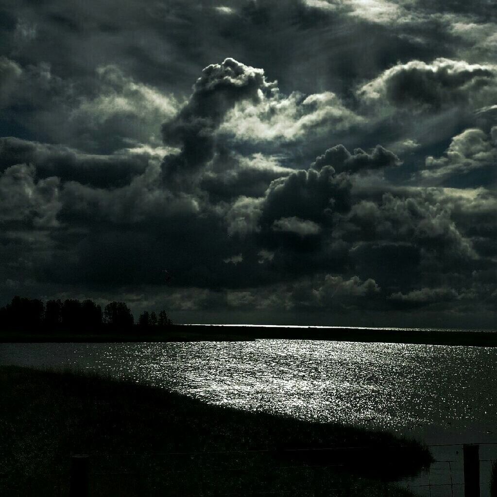 Body of water with thick clouds.