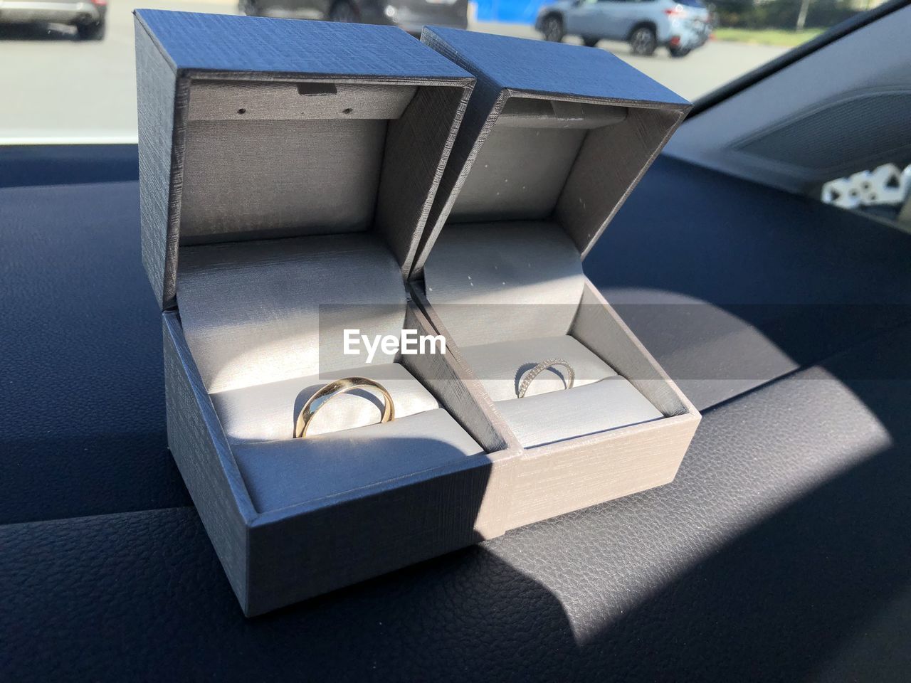 High angle view of wedding rings on table