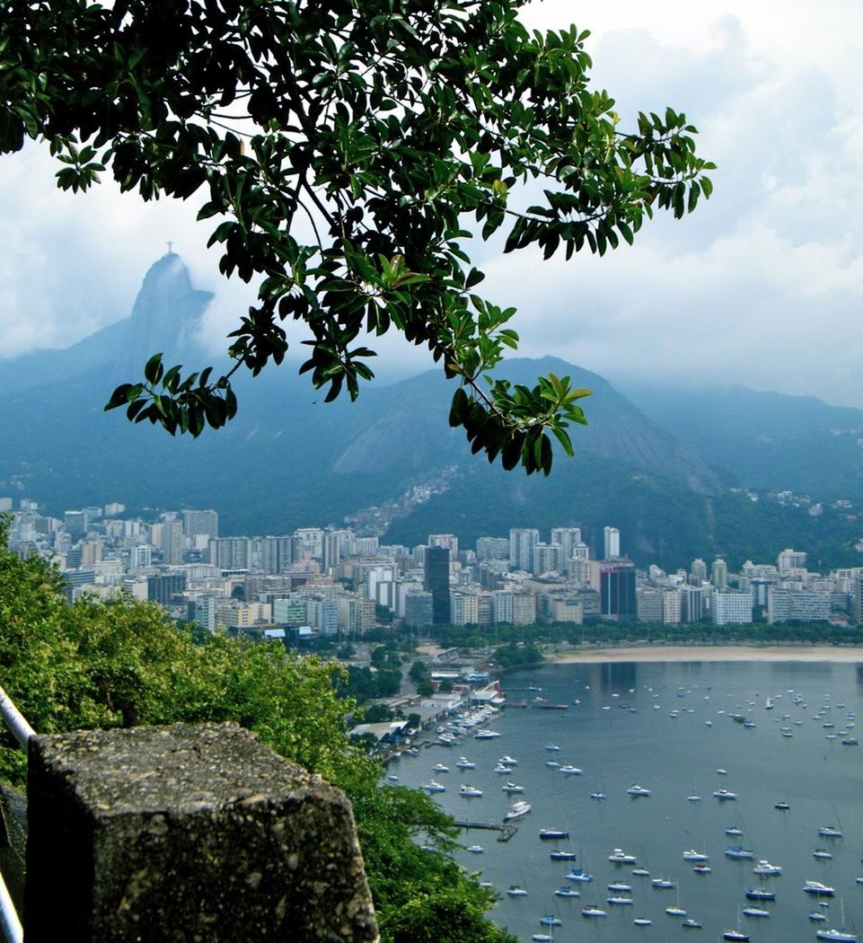 High angle view of cityscape by mountain