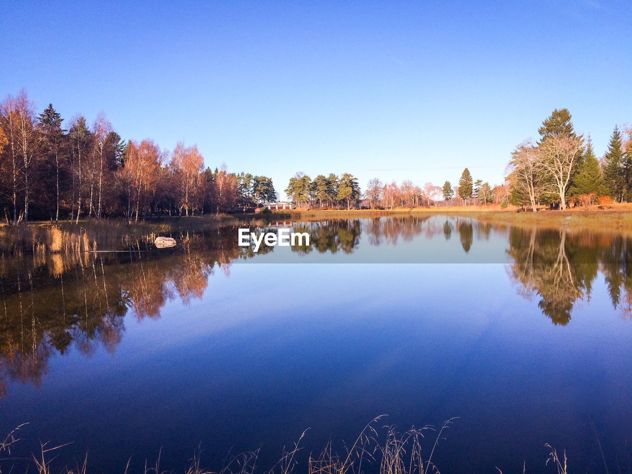 Scenic view of lake with reflection against clear sky