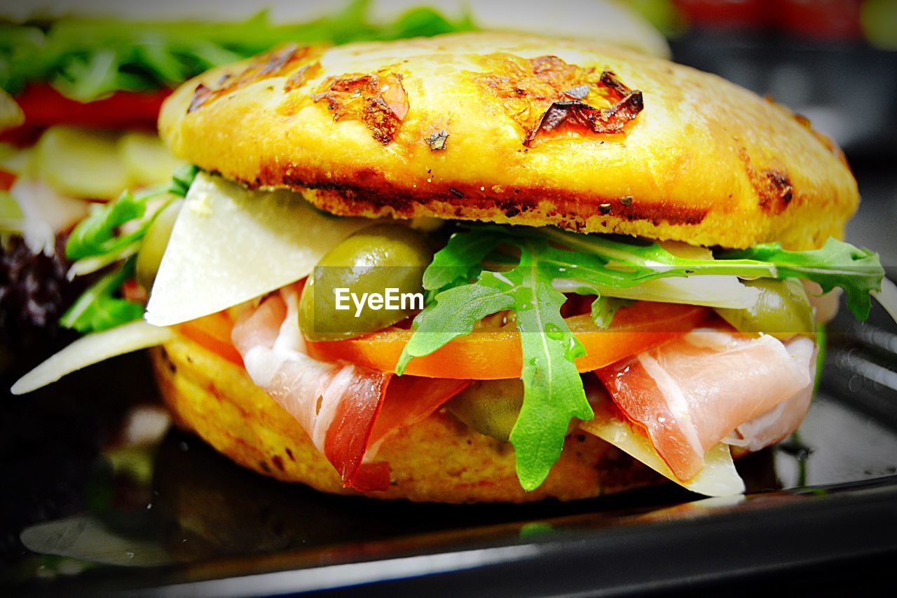 Close-up of hamburger in tray