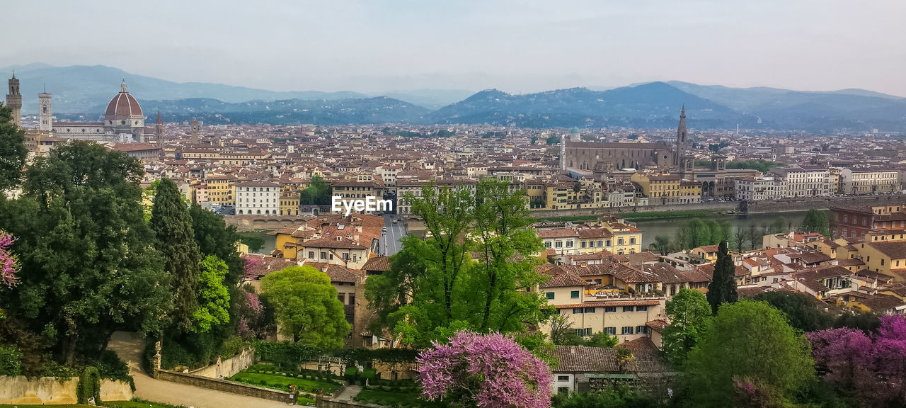 Ultra wide panoramic view of florence with many monuments in background from michelangelo square