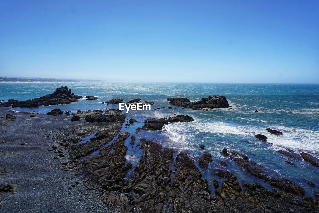 Scenic view of sea against clear blue sky