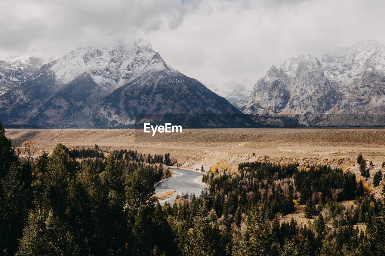 Scenic view of landscape and mountains against sky